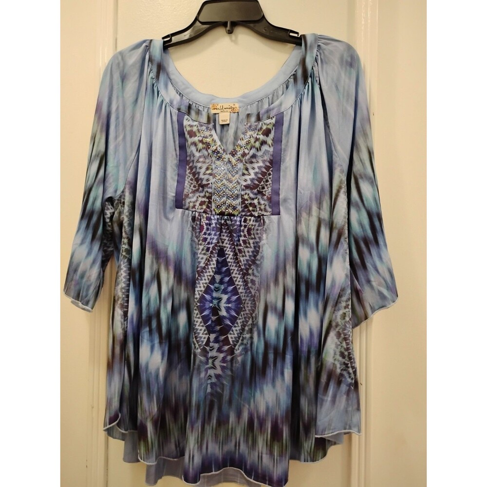 World Unity Top Blue Blouse SZ 1X Watercolor Rhinestone Artsy Boho Hippie Hi-Lo